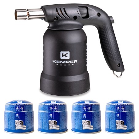 Lampe à souder à gaz Professionnelle Utilisation 360° Chalumeau Gaz Allumage piezo 4 Cartouches gaz Perçables KEMPER