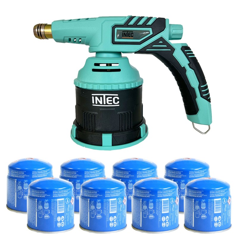 Lampe à souder à gaz Chalumeau gaz Allumage piezo + 8 Cartouches de gaz 190gr Perçables INTEC