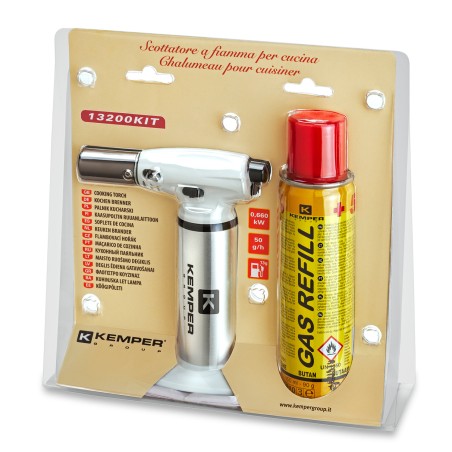 Chalumeau de cuisine à gaz Toutes positions 360° + Cartouche de gaz 160ml Allumage piézo Flamme réglable KEMPER