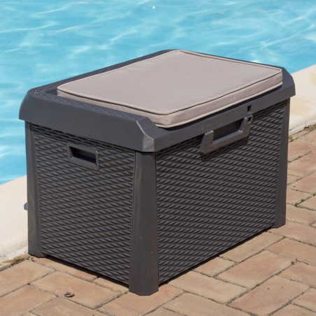 Coffre de jardin 125L Gris Anthracite avec Coussin Résine Effet rotin 73x50x49 cm Rangement Extérieur TOOMAX