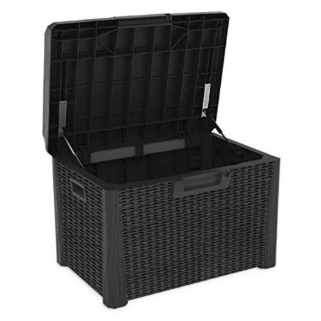 Coffre de jardin 125L Gris Anthracite avec Coussin Résine Effet rotin 73x50x49 cm Rangement Extérieur TOOMAX