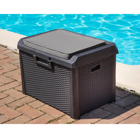 Coffre de jardin 125L Gris Anthracite avec Coussin Résine Effet rotin 73x50x49 cm Rangement Extérieur TOOMAX