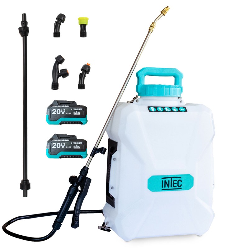 Pulvérisateur à batterie 20V 12L 5 Bar + 2 Batteries lithium 4.0Ah + Chargeur + 2 Lances Fibre et Inox + 4 buses INTEC