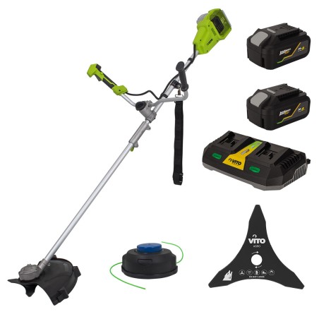 Débroussailleuse sans fil 40V + 2 Batteries Lithium 4Ah Coupe Ø 250-350 mm Lame et fil de nylon + Chargeur double VITO