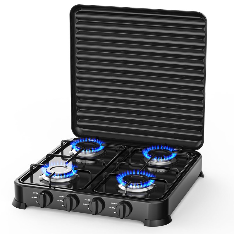Plaque de cuisson gaz 4 feux 8800W Réchaud à gaz portable Noire Gaz Butane ou Propane Bruleurs inox INTEC