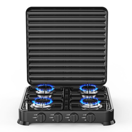 Plaque de cuisson gaz 4 feux 8800W Table de cuisson portable  +  Tuyau gaz Butane/Propane Bruleurs inox INTEC