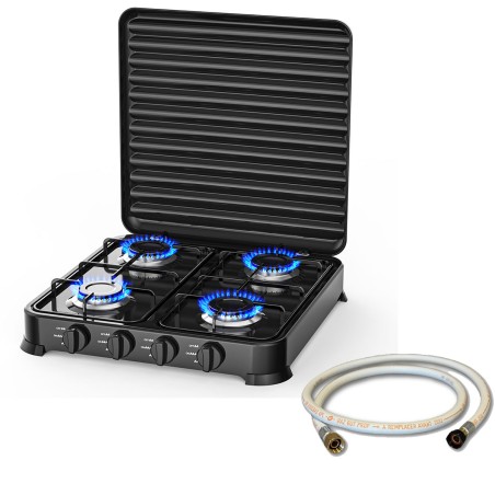 Plaque de cuisson gaz 4 feux 8800W Table de cuisson portable  +  Tuyau gaz Butane/Propane Bruleurs inox INTEC