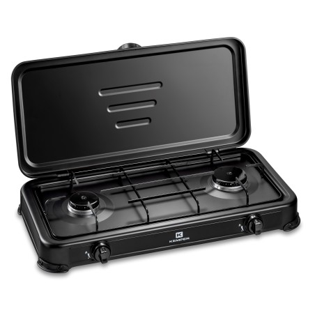 Réchaud gaz portable 2 feux 2600W Noir Couvercle Plaque de cuisson KEMPER
