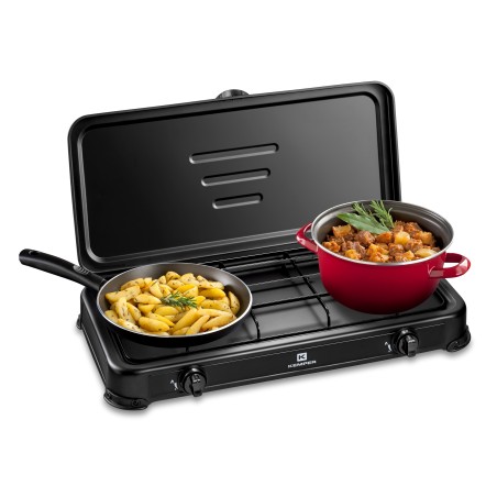 Réchaud gaz portable 2 feux 2600W Noir Couvercle Plaque de cuisson KEMPER