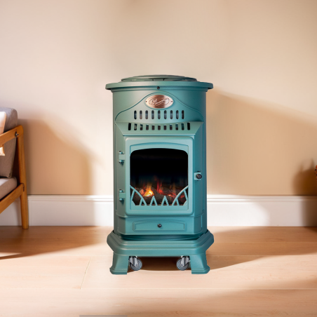 Poêle à gaz Fonte véritable 3.4KW VERT Chauffage à gaz Effet feu de bois Provence UNIVERSAL