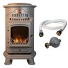 Poele à gaz 3,4 KW MARRON Effet poêle à bois Fonte véritable + Tuyau gaz + détendeur butane Provence UNIVERSAL