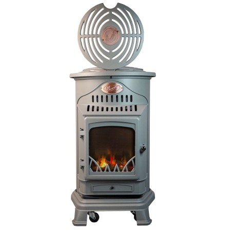 Poele à gaz 3,4 KW Gris Perle Effet poêle à bois Fonte véritable + Tuyau gaz + détendeur butane Provence UNIVERSAL
