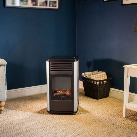 Chauffage à gaz 3.4 KW mobile Effet feu Blanc et Noir + Tuyau gaz + Détendeur butane Manhattan Sahara