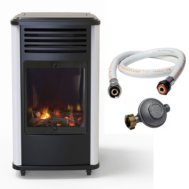 Chauffage à gaz 3.4 KW mobile Effet feu Blanc et Noir + Tuyau gaz + Détendeur butane Manhattan Sahara