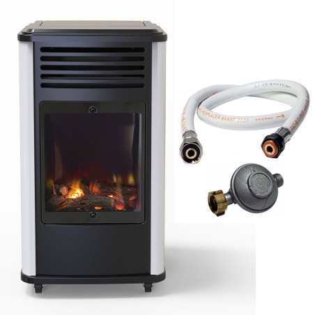 Chauffage à gaz 3.4 KW mobile Effet feu Blanc et Noir + Tuyau gaz + Détendeur butane Manhattan Sahara