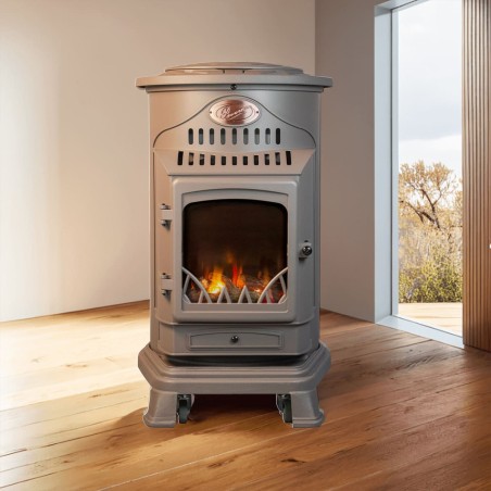 Poele à gaz 3,4 KW MARRON Effet poêle à bois Fonte véritable + Tuyau gaz + détendeur butane Provence UNIVERSAL