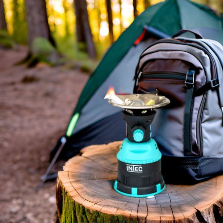 Rechaud gaz camping 1200W piezo Coque ABS + 8 Cartouches gaz 190 gr INTEC