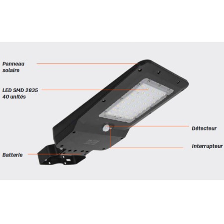 Lampadaire solaire extérieur LED 6000K Noir Projecteur led Eclairage 25W 3000 Lumens Surface éclairée 180m² ASLO
