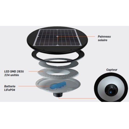 Lampadaire Solaire extérieur LED 6000K Noir Eclairage 360° Surface éclairée 80m² ASLO