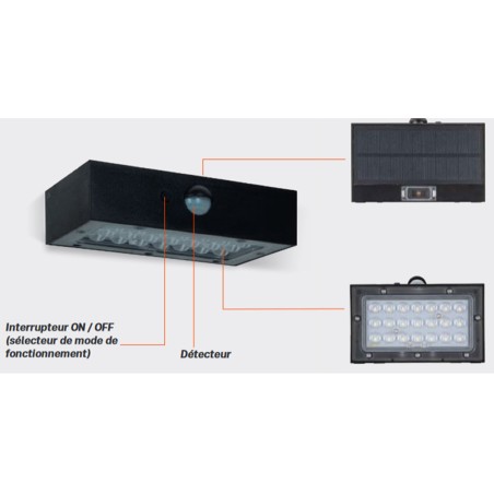 Applique murale LED Solaire 3W Noire Eclairage led d'extérieur Détecteur de mouvement 350 Lm ASLO