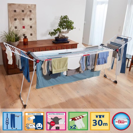 Séchoir à linge Etendage pliable 30m avec Ailes 304 x 56 x 128 cm Tubes Anti-plis VILEDA