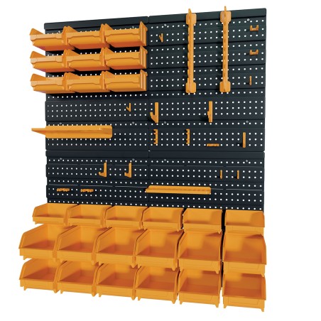 Panneau porte Outils 66 x 78 x 1.7cm 4 panneaux perforés 15 petits - 12 grands bacs 38 Crochets Etagère murale