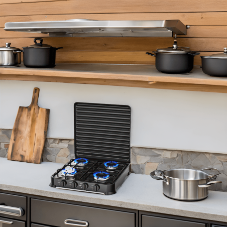 Plaque de cuisson gaz 4 feux 8800W Table de cuisson portable  +  Tuyau gaz Butane/Propane Bruleurs inox INTEC