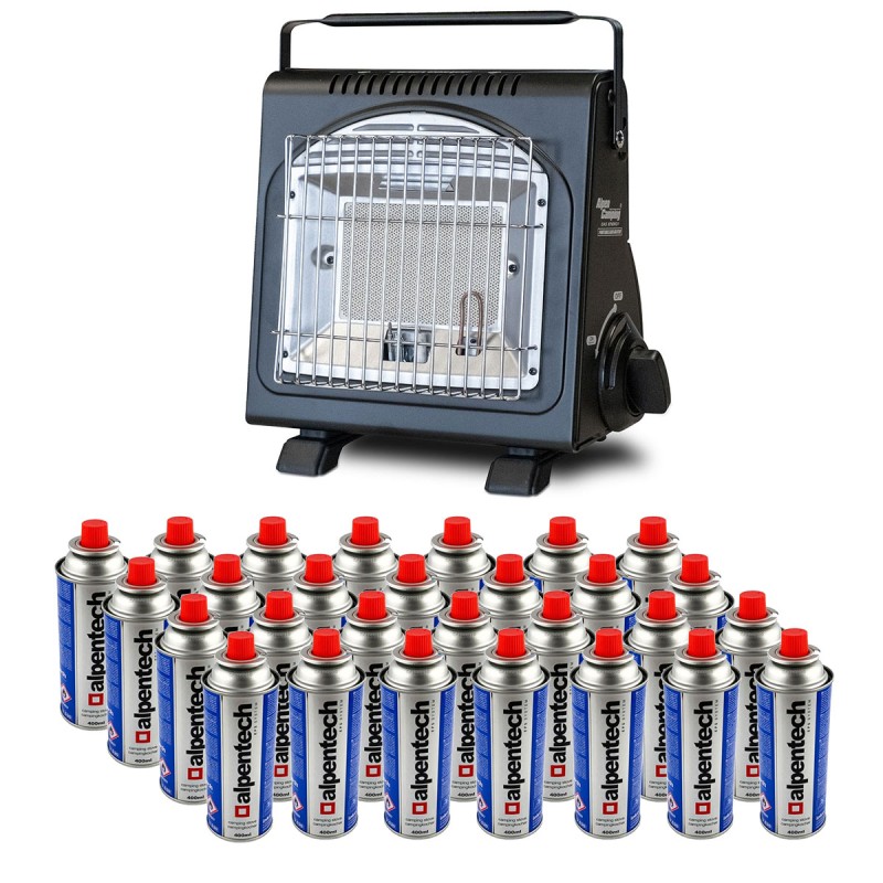 Chauffage à gaz portable 1700W Sécurité Thermocouple + 28 Cartouches gaz ALPEN Camping Basses températures