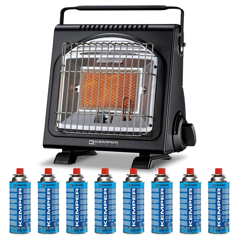 Chauffage à gaz portable Piezo 1700W Systèmes Sécurité intégrés + 8 Cartouches de gaz Butane Autonomie 2h30 KEMPER