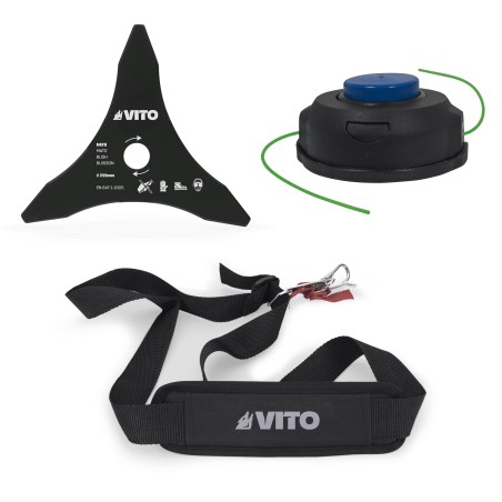 Débroussailleuse et Coupe bordure 40V 2 Batteries Lithium 4Ah + Chargeur Double Lame 3 dents Bobine de fil nylon et Harnais VITO