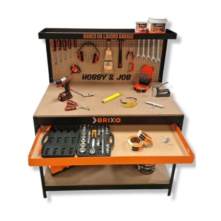 Etabli d'Atelier Garage Charge max 230 kg Plan de Travail Bois Tiroir Panneau perforé Étagère L120 xP60 x H150 cm
