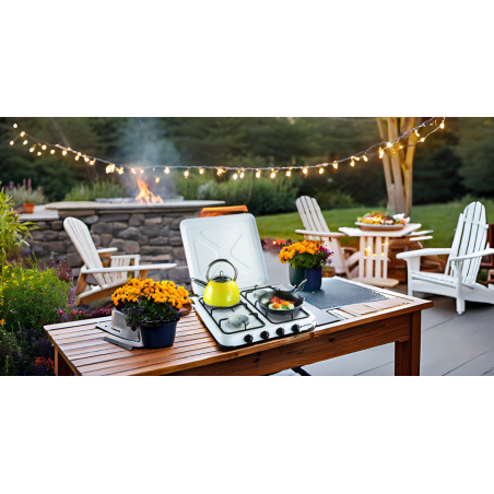 Réchaud gaz portable 4 feux 4650W Blanc laqué Couvercle KEMPER