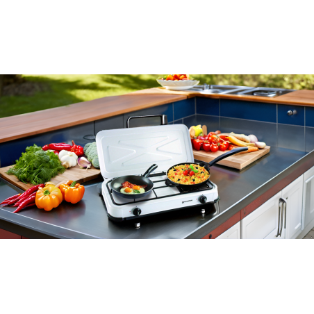Réchaud gaz portable 2 feux 2600W Blanc laqué Couvercle Plaque de cuisson KEMPER