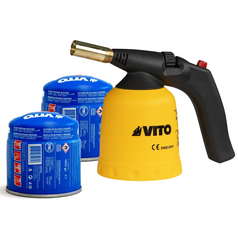 Lampe a souder à gaz ABS Allumage piezo + 2 Cartouches de gaz 190gr Perçables VITO