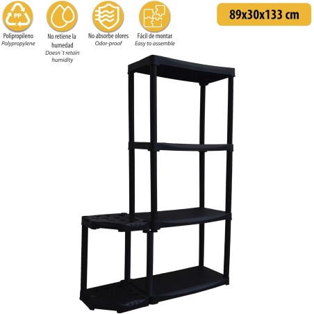 Étagère de Rangement 4 niveaux + Porte-Balai Noir Polypropylène Résistant Garage Buanderie Art Plast