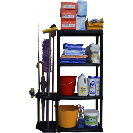 Étagère de Rangement 4 niveaux + Porte-Balai Noir Polypropylène Résistant Garage Buanderie Art Plast