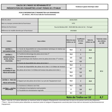 Robot Tondeuse 20V Batterie 4.0Ah 800m2 - Station de charge - Cable périphérique 170m - Autonomie 2h30 VITO