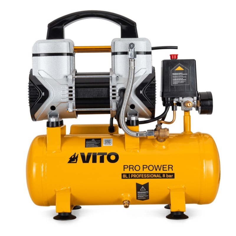 Compresseur d’Air Silencieux 8L Sans Huile 8 bar 1,5 CV / 1,1 kW Gonfleur Electrique Portatif Voiture VITO
