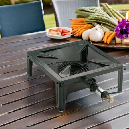 Réchaud à gaz 7.5KW Acier émaillé Bruleur fonte Réchaud Traiteur 4 pieds Cuissons extérieures