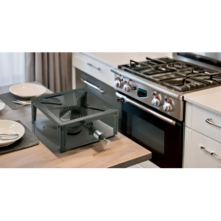 Réchaud à gaz 7.5KW Acier émaillé Bruleur fonte Réchaud Traiteur 4 pieds Cuissons extérieures