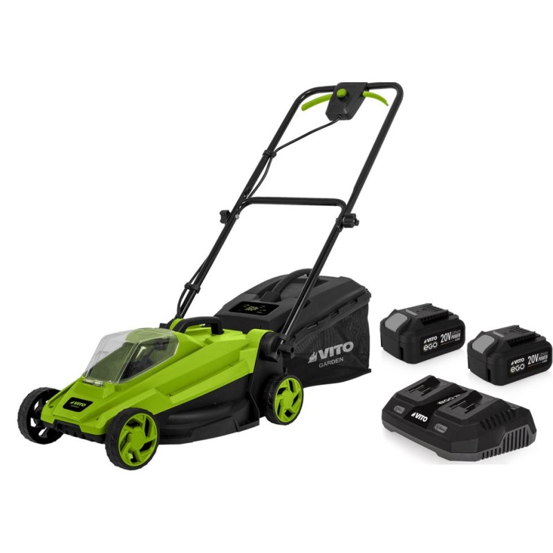 Tondeuse à gazon 20V + 2 Batteries lithium 4.0Ah Chargeur double Bac 30L Gazon 500m2 VITO