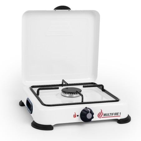 Réchaud à gaz 1 feu 1500W Brûleur fonte amovible Lavable Gaz butane ou propane Blanc laqué Grille Couvercle GOLD