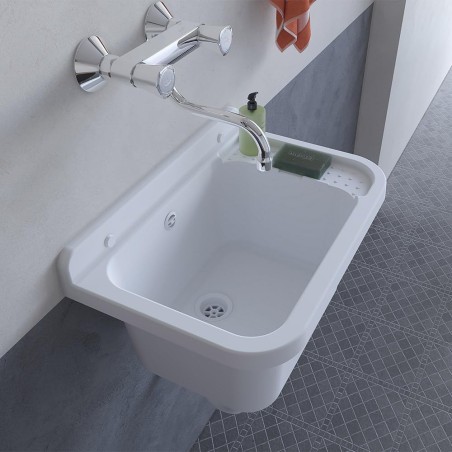 Lavabo Mural en Résine Blanc 50 x 32 cm Vasque Suspendue Anti-chocs - Evier Lave-Mains Salle de Bain WC Garage Buanderie