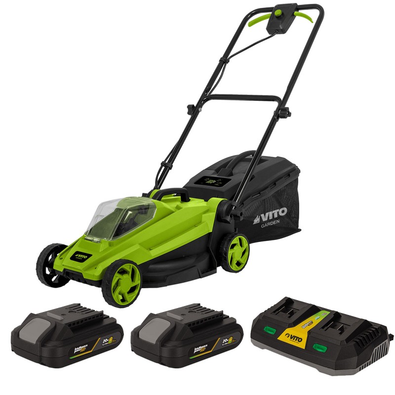 Tondeuse à gazon 20V + 2 Batteries lithium 3.0Ah + Chargeur double Gazon 300m2 - Bac 30L VITO