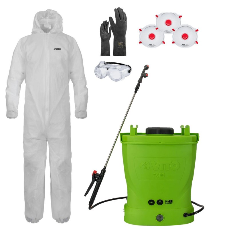 Pulvérisateur Electrique à Batterie 16L + Combinaison de Protection Jetable Jardin + Accessoires de Protection et Pulvérisation