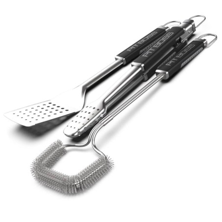 Kit 3 Ustensiles Barbecue : Spatule, Pince, Brosse - Inox Haute Résistance & Poignées Antidérapantes PIT BOSS
