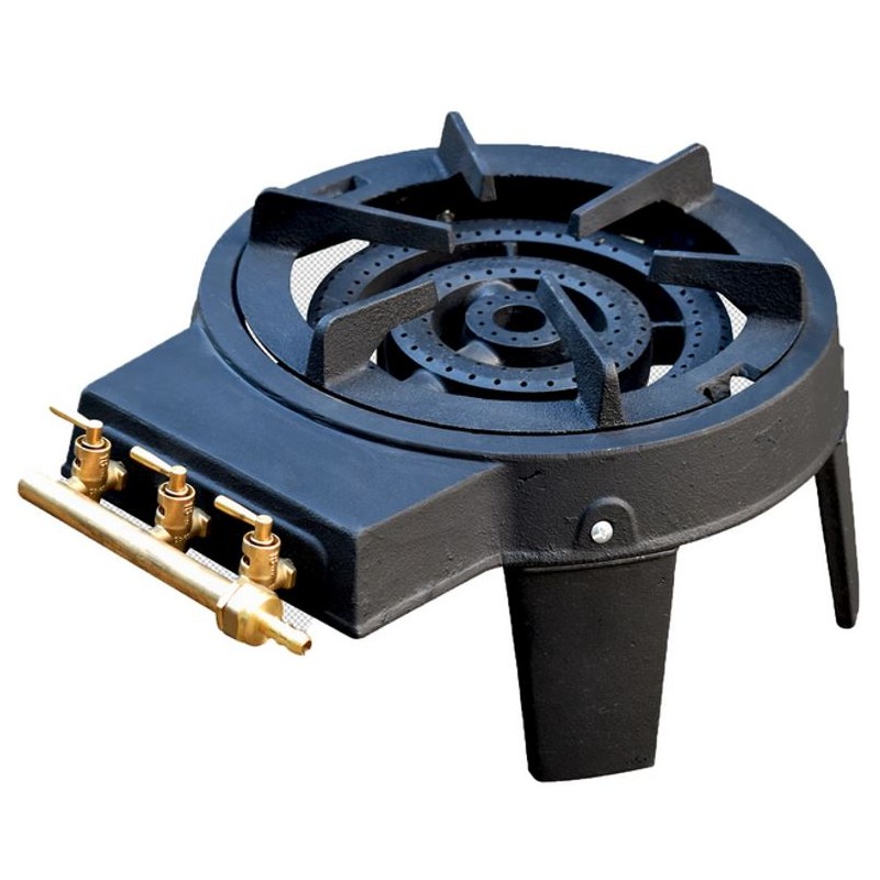 Réchaud Gaz Camping 4 pieds 8,6KW Traiteur 3 Bruleurs Gaz Butane ou Propane Fonte véritable KZ Garden