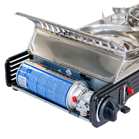 Réchaud 2 feux Inox 4400W + Plaque Grill Plancha 2en1 Thermocouple Intérieur / Extérieur ALPEN CAMPING