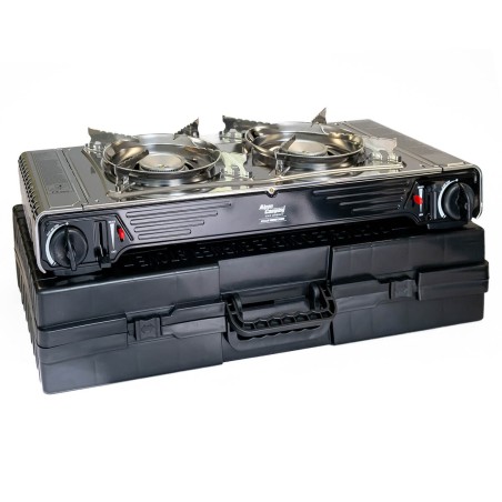 Kit Plancha Gaz 2en1 Complet - Réchaud 2 feux Inox 4400W + Plaque Grill + 4 Cartouches Gaz Butane Intérieur/Extérieur INTEC