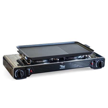Kit Plancha Gaz 2en1 Complet - Réchaud 2 feux Inox 4400W + Plaque Grill + 4 Cartouches Gaz Butane Intérieur/Extérieur INTEC